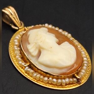 Victorian 10K Gold *Preserved* Shell Cameo Pendant with Seed Pearls *Antique*